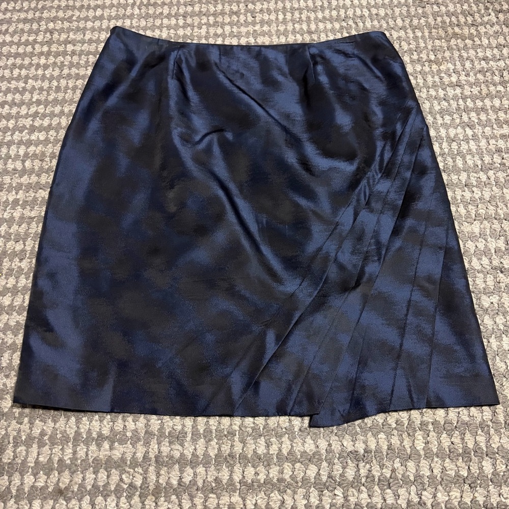 Ann Taylor Navy Satin A-Line Skirt with Faux Wrap Detail
